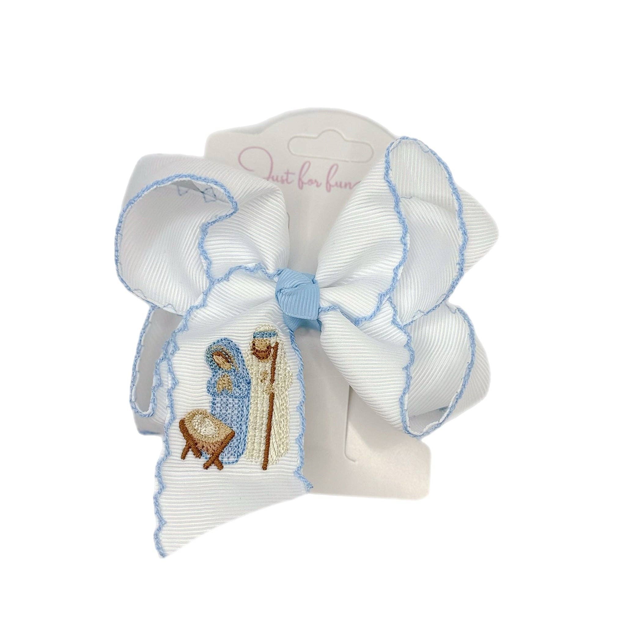 Just For Fun Threads - Wholesale Hair Bow - Kids - Away In a Manger Embroidered Hair Bow0