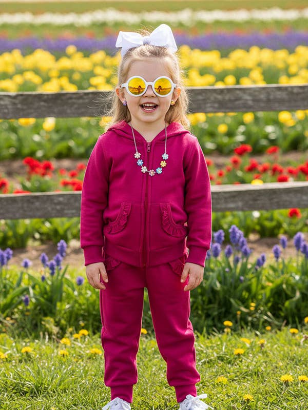 Hot pink knit hoodie top & pant girls outfit sets DLH2852 for wholesale by luluclothes