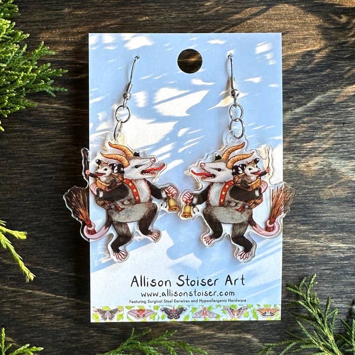 Acrylic Krampus Opossum Earrings for wholesale by Allison Stoiser Art
