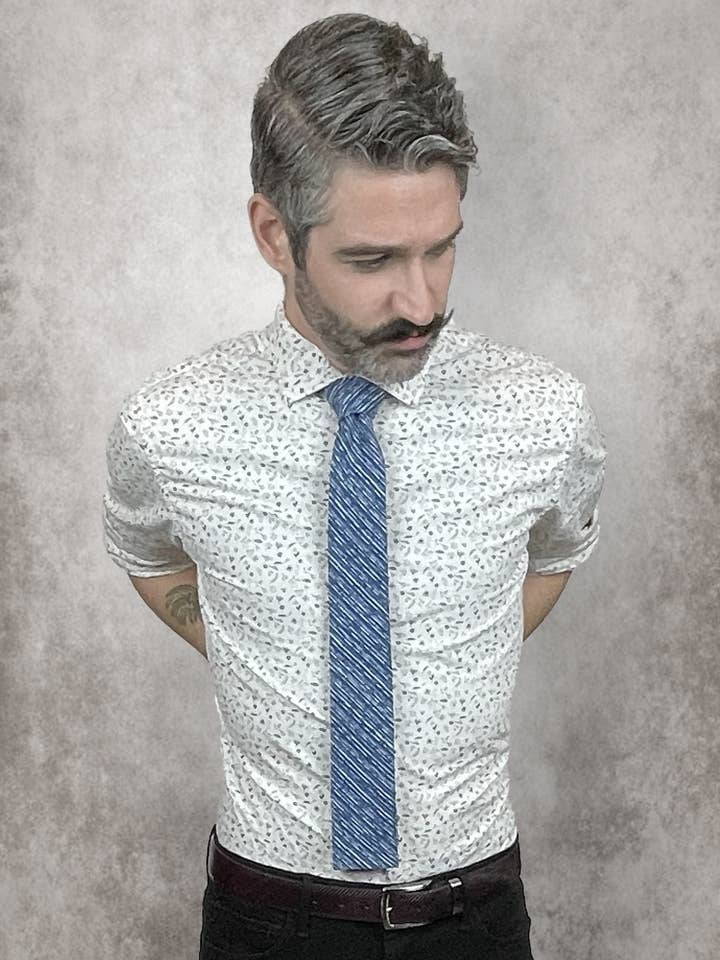 Blue and White Square Cut Necktie for wholesale by Olaf Olsson