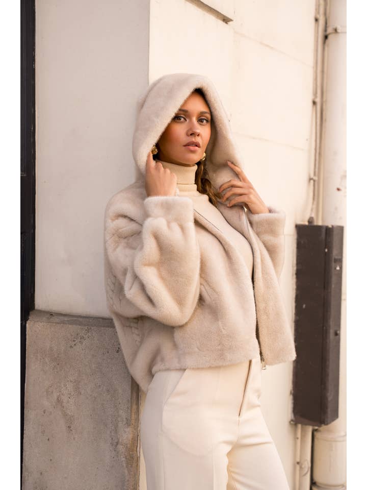 Attentif Paris - Wholesale Fur/Faux Fur Coat - Women's - Short coat with hood in faux fur with braided details4