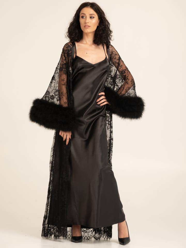 KÂFEMME and Co - Wholesale Robe - Women's - Satin Nightgown and Lace Robe with Ostrich Feather Set0