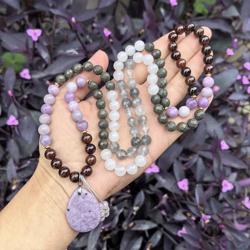Harmony Mala - Wholesale Beaded/Pearl Necklace - Lepidolite, Pyrite, Gray Crystal, Garnet Mala Bead Necklace1