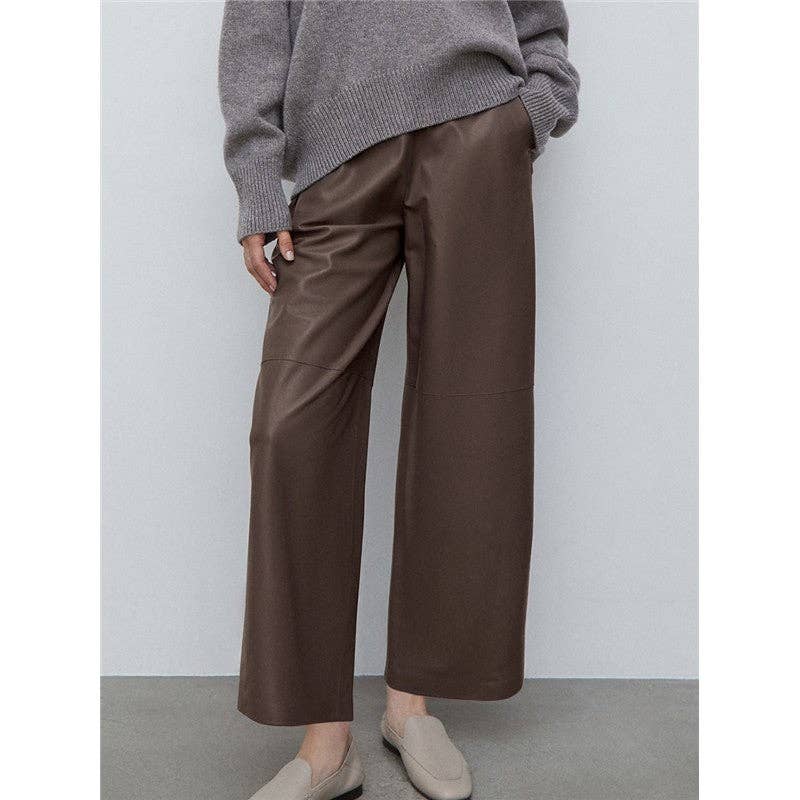 Brown High Waisted Solid Color Straight Leg Faux Leather Pants for wholesale on Faire6
