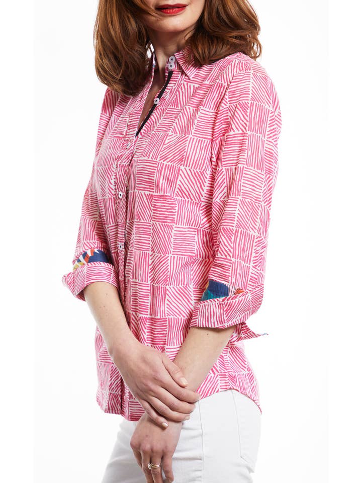 Dizzy-Lizzie - Wholesale Button Down Shirt - Women's - Rome Shirt 3/4 Sleeve in Fuschia with White Criss Cross Print2