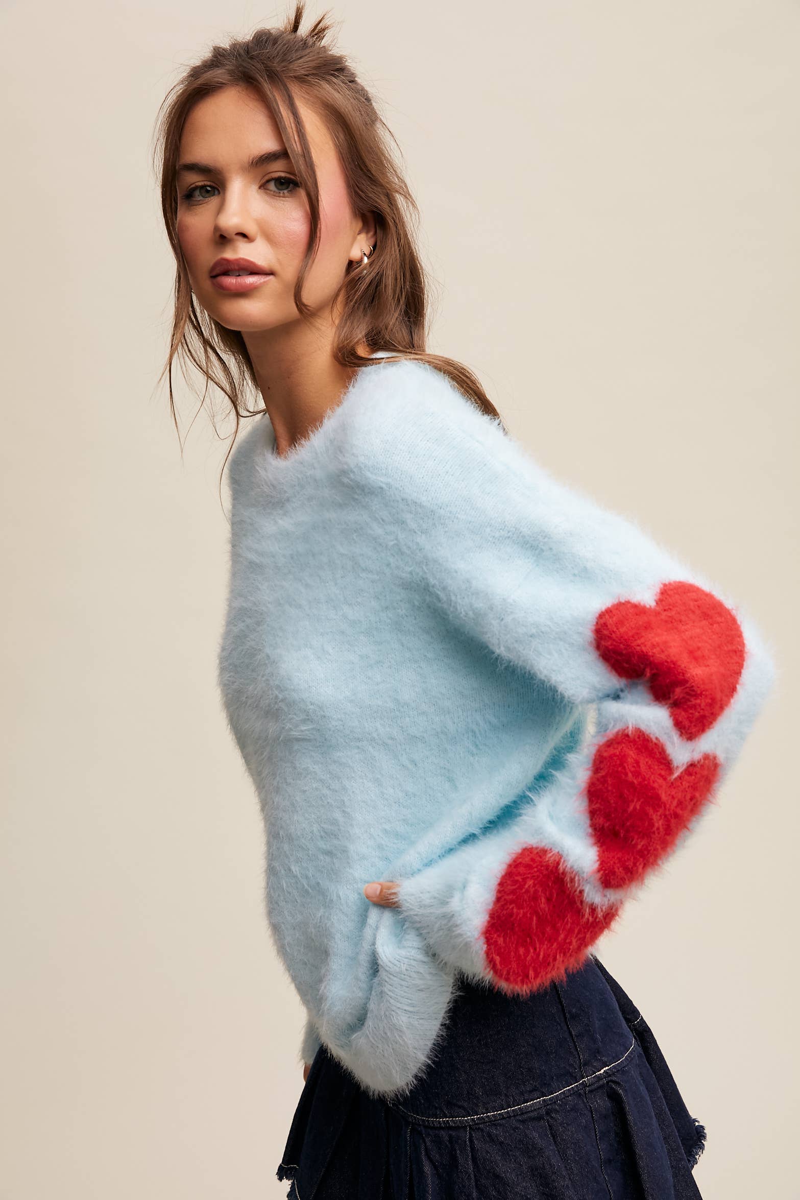 Listicle - Wholesale Knit Sweater - Women's - Fuzzy Heart-Sleeve Pullover Sweater LSW087219