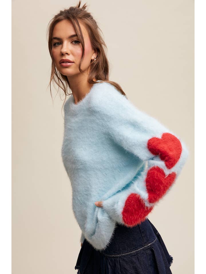Listicle - Wholesale Knit Sweater - Women's - Fuzzy Heart-Sleeve Pullover Sweater LSW087219