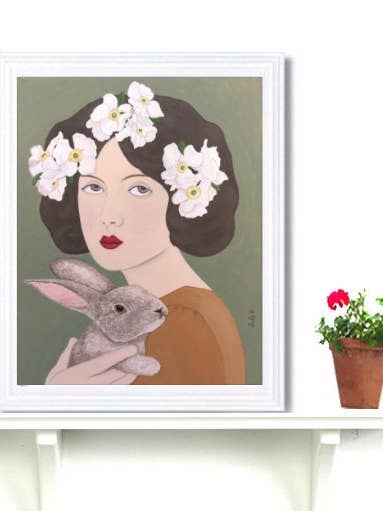 Kvinna porträtt konsttryck i boho stil med kanin och flöde för wholesale av Sally B