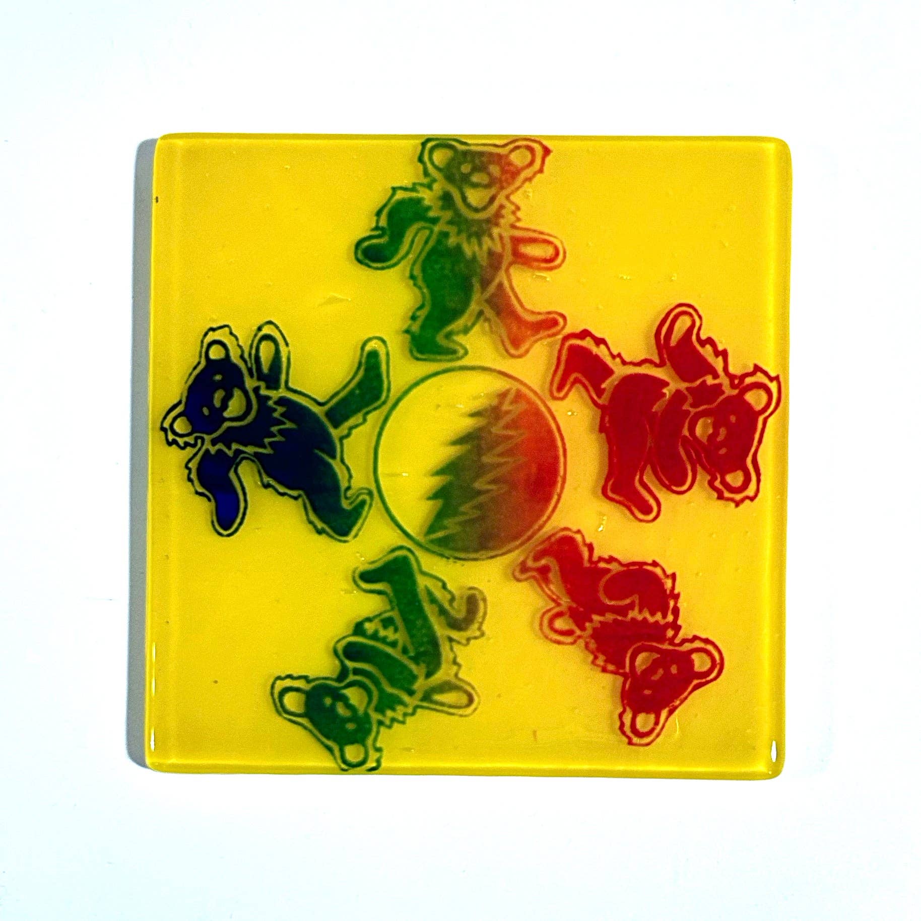 Kiku Handmade | Contemporary Fused Glass Home Goods - Wholesale Coasters - Deadhead Dancing Bears Fused Glass 4" Single Coaster3