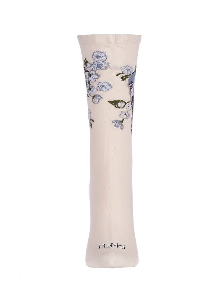 Blush Pink MeMoi Blue Bird Limited Edition Crew Socks for wholesale on Faire1