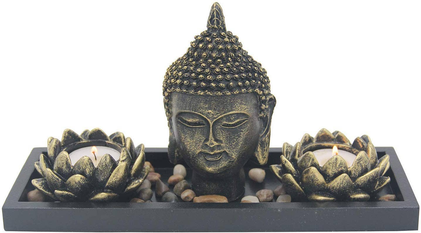 Lungta Imports - Wholesale Incense Holder - Zen Garden Buddha Head Lotus Tea Light Candle Holder Set Home Décor Gift2