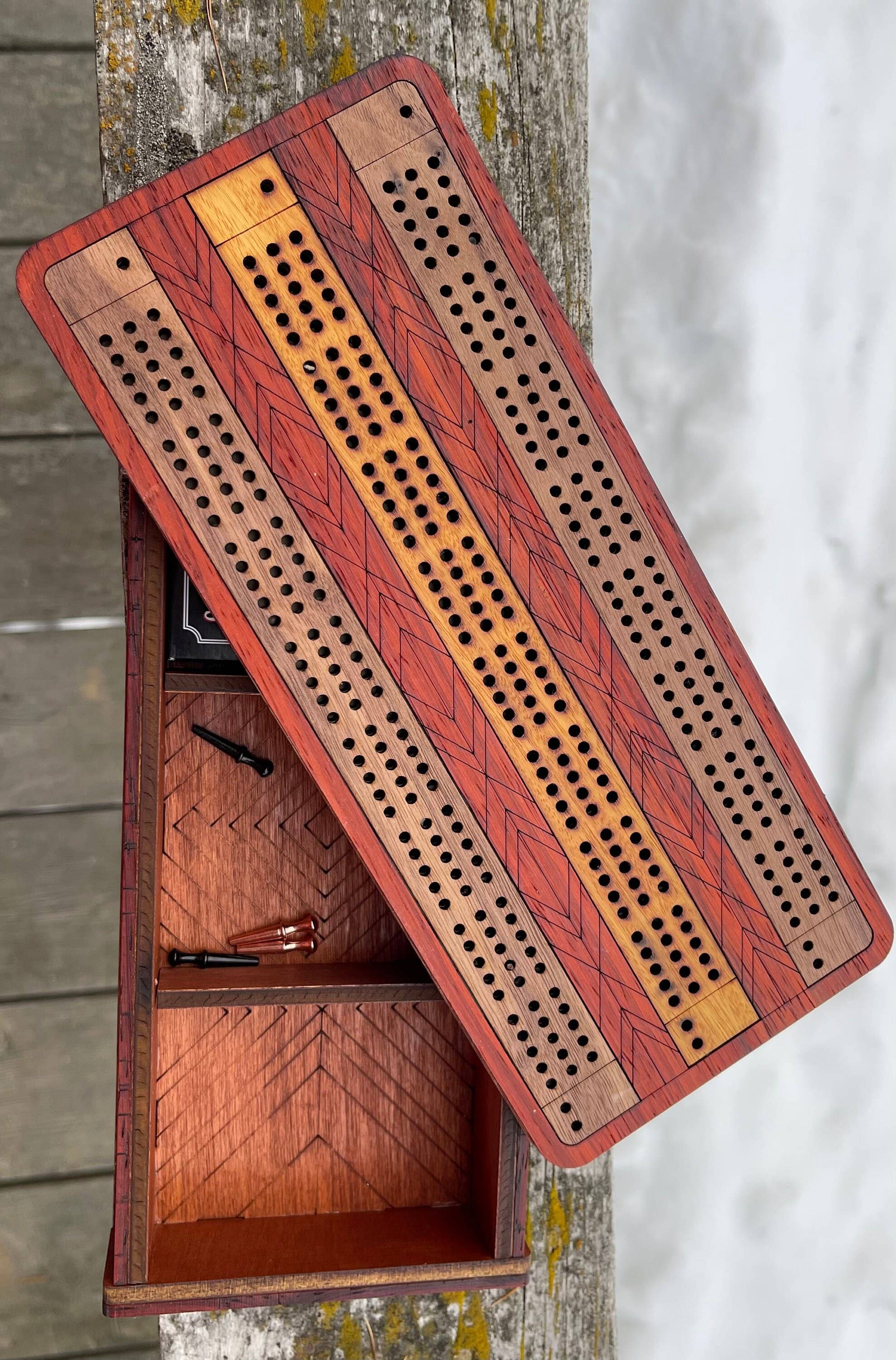 Through The Fire Design - Wholesale Board Game - Wooden Cribbage Board Game, Exotic Hardwood Inlay , Father’s4