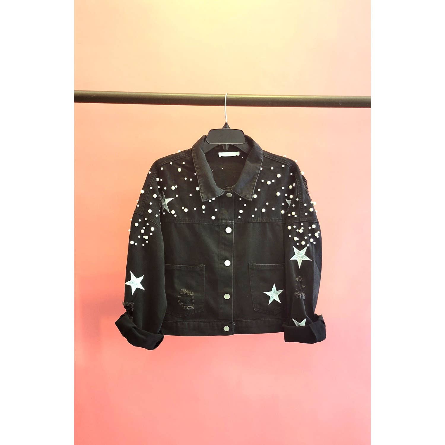 Mapcie - Wholesale Denim Jacket - Women's - STAR DETAIL RIPPED DENIM PEARL JACKET0