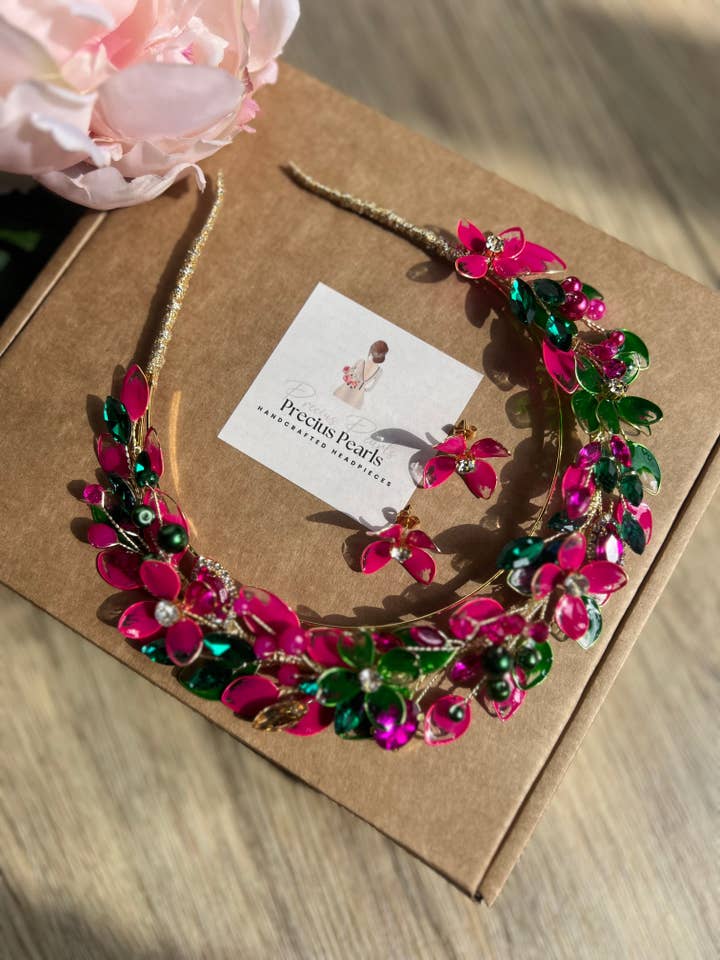 Fucshia and Green halo wedding guest headpiece for wholesale by Preciuspearls