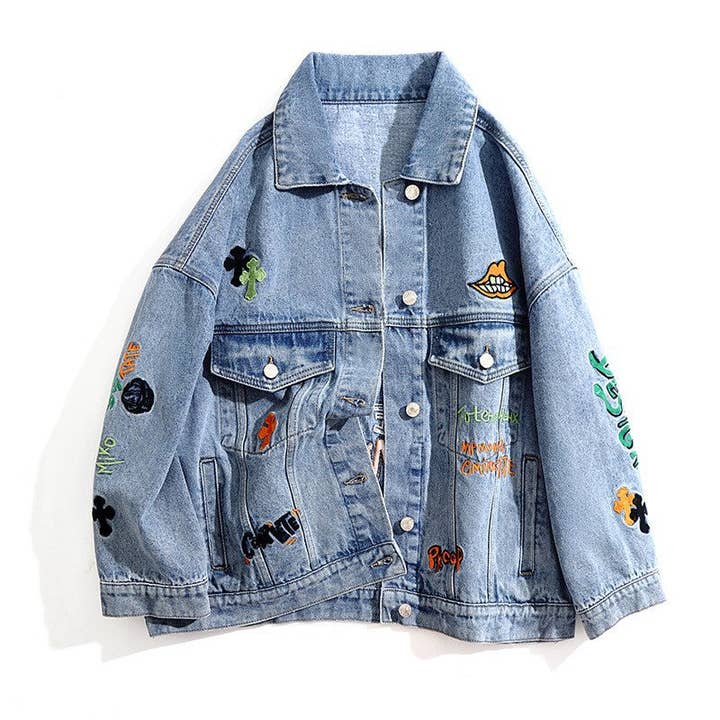 Kvinder Mode Kreativt Brevmønster Broderet Denimjakke for engroshandel hos SALINA TRADING INC