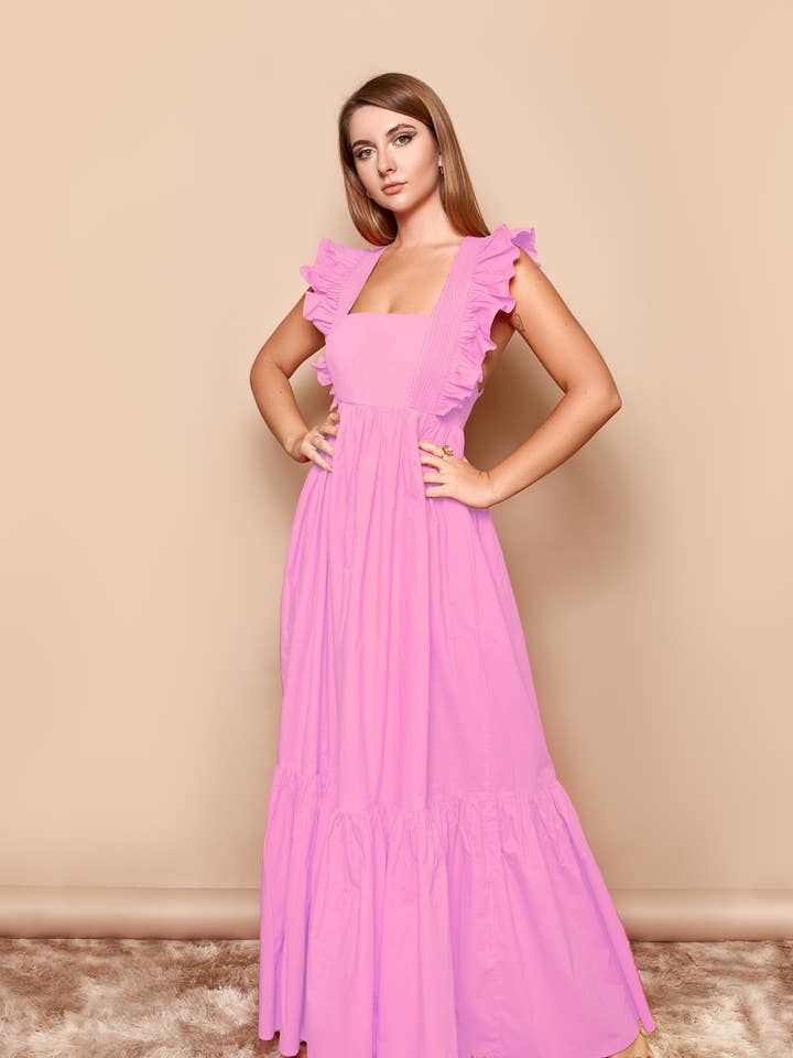 Robe maxi évasée en popeline à encolure carrée rose pour la vente par Sandhya Garg
