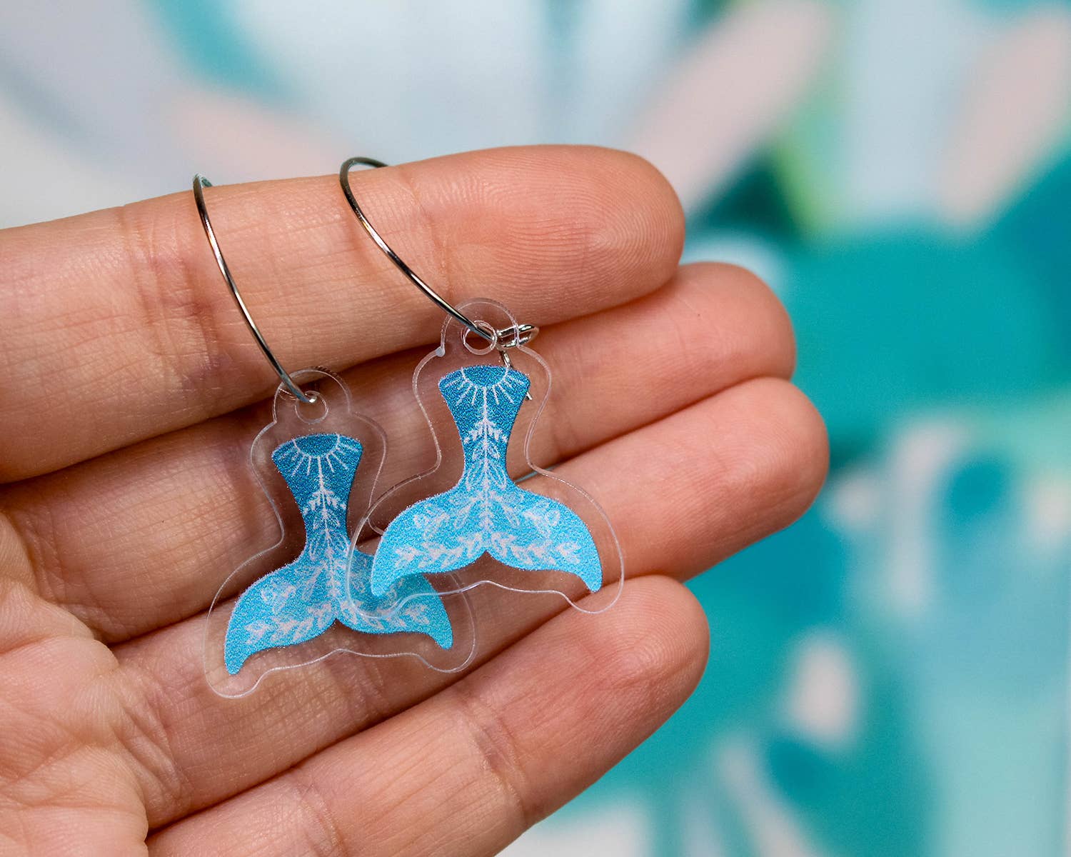 Paper Pattern Silk - Wholesale Dangle Earrings - Folk Art Teal Whale Tail Earrings4