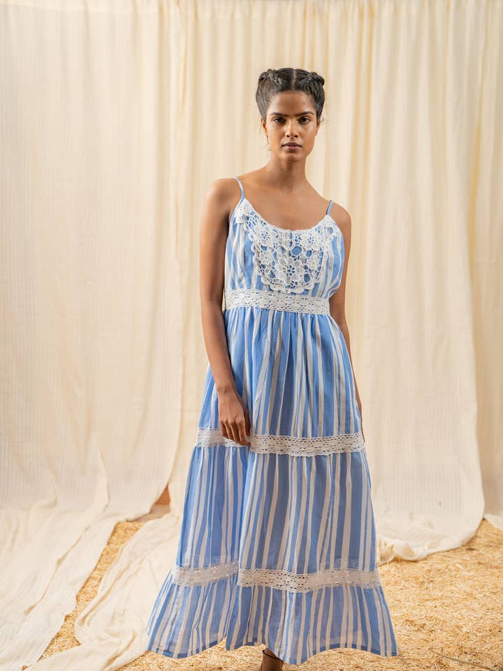 Blauwe kanten maxi-jurk met strepen voor dames voor wholesale door Label Reyya