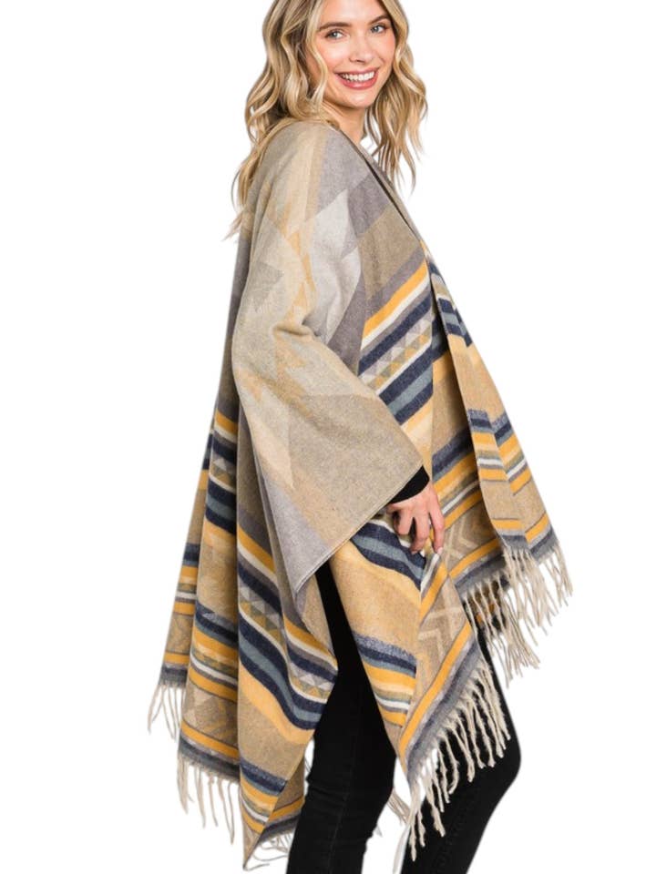 Artini Accessories - Wholesale Cardigan - Women's - Aztec Stripe Pattern Fringe Ruana Cardigan Warp Scarf1