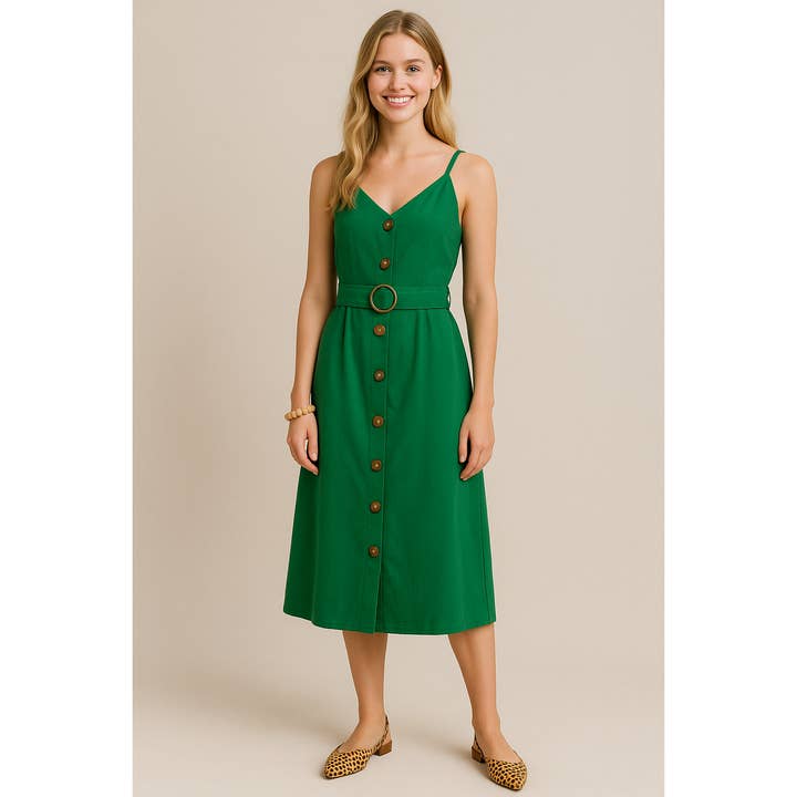 BUTTON DOWN BELTED MIDI DRESS IN KELLY GREEN LINEN for wholesale by Winslow Collection