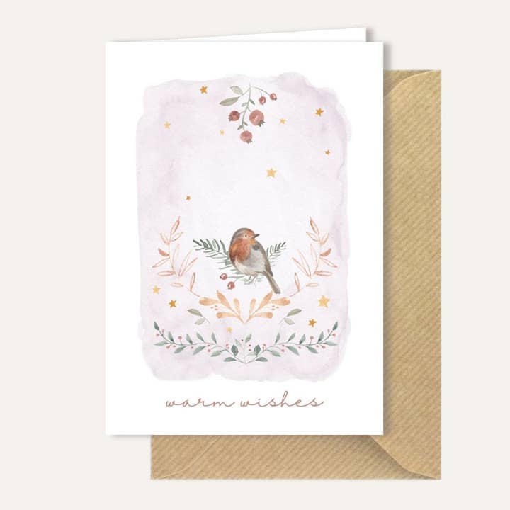 Christmas card 'warm wishes robin' for wholesale by Studio Myrthe