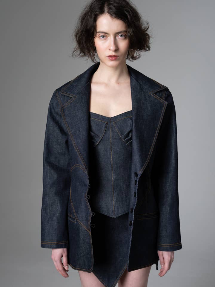 'Brokne heart' denim blazer with brown decorative seams for wholesale by FUTURE PLANET OF STYLE