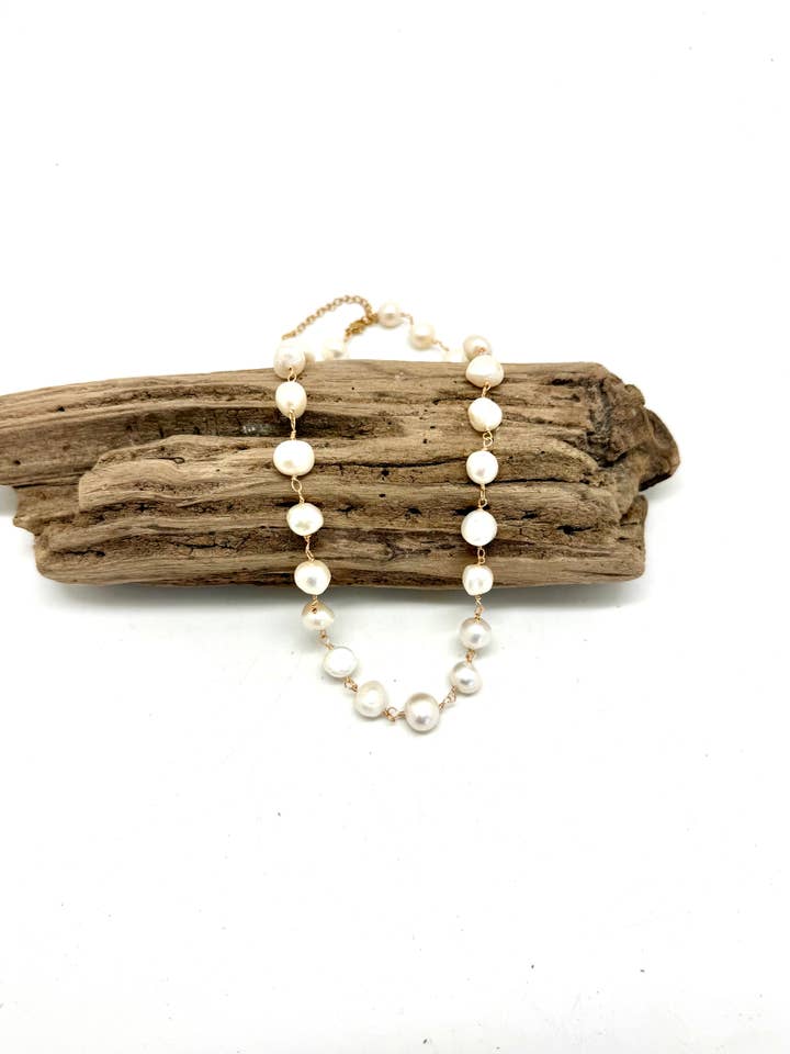 Necklace 10mmFreshwater Pearl w/14kGoldPlated Wire 18”w/2”ex for wholesale by Rant & Rave Classic