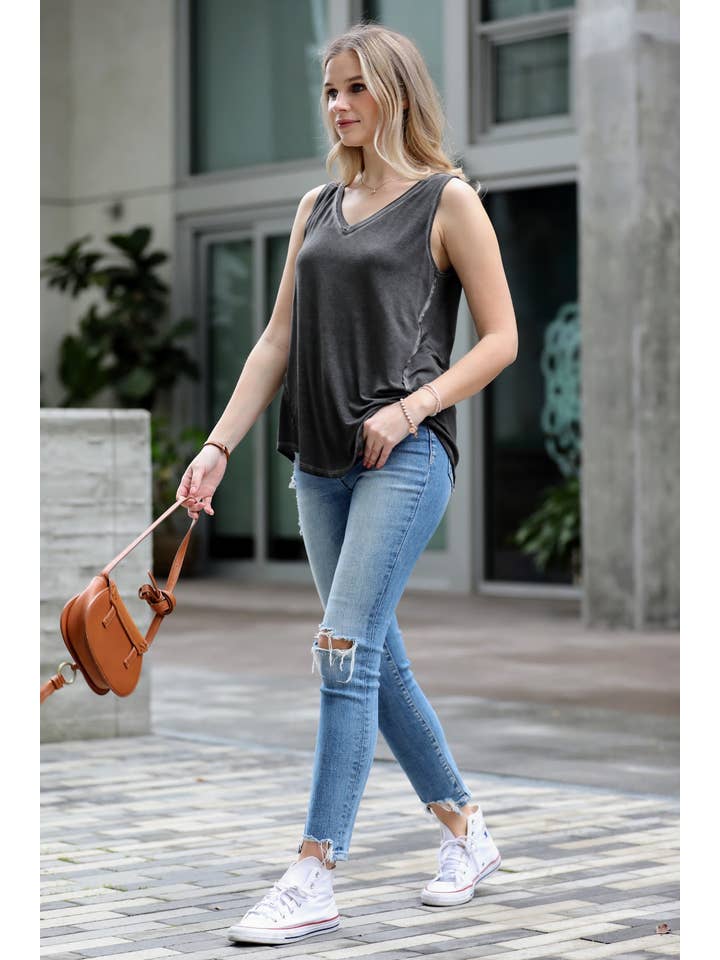 42POPS - Wholesale Knit Top - Women's - ".....Washed Sleeveless V Neck Top W Hi Low Hem