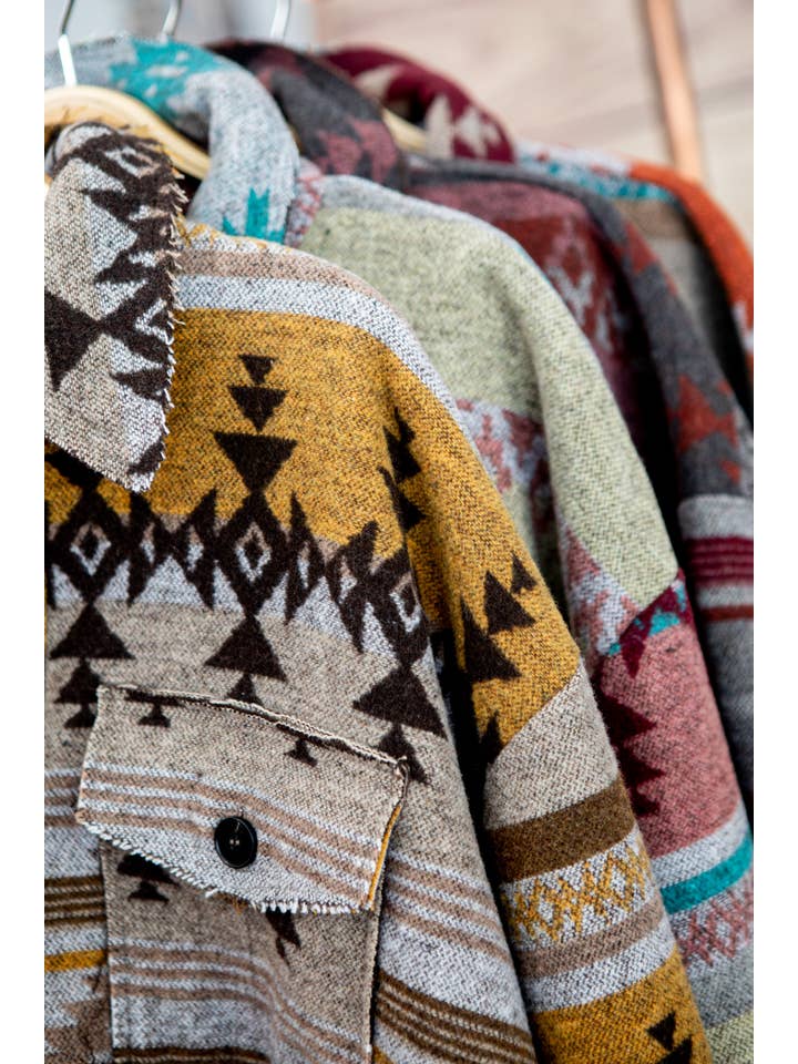 Rust Wine JKT1717-Aztec Pattern Long Sleeve Button Down Jacket for wholesale on Faire8