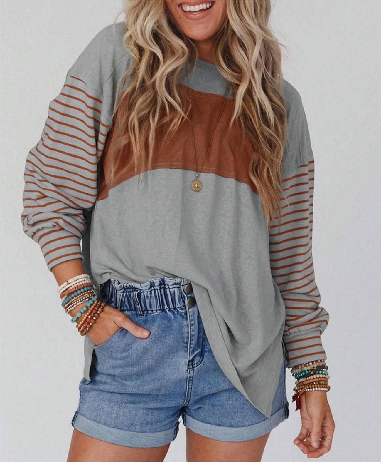 Rosa Clothing - Wholesale Tunic - Women's - Colorblocked sloucy striped long-sleeved top0