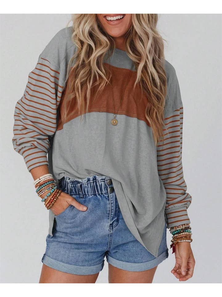 Rosa Clothing - Wholesale Tunic - Women's - Colorblocked sloucy striped long-sleeved top