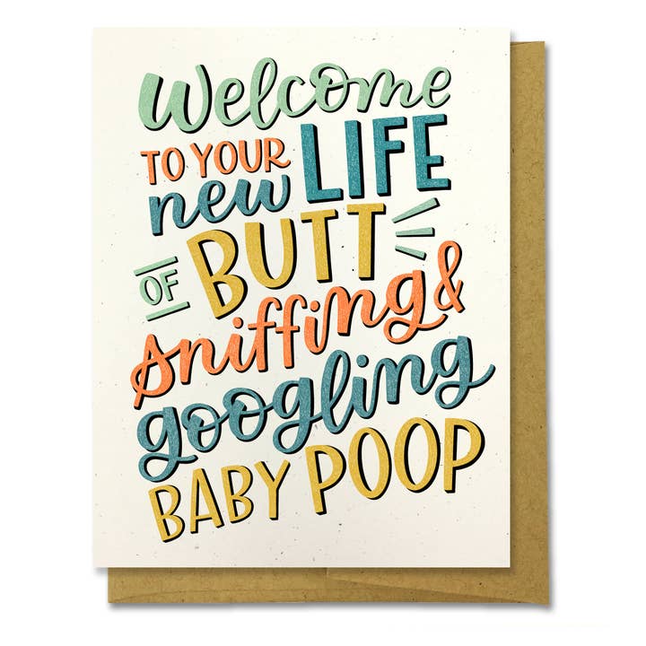 Butt Sniffing & Googling Baby Poop - Baby Card for wholesale by Meadow Paper Co