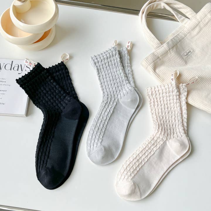 Minimalist Solid Color Cotton Socks with Heart Ribbon Design for wholesale by Happy Knits
