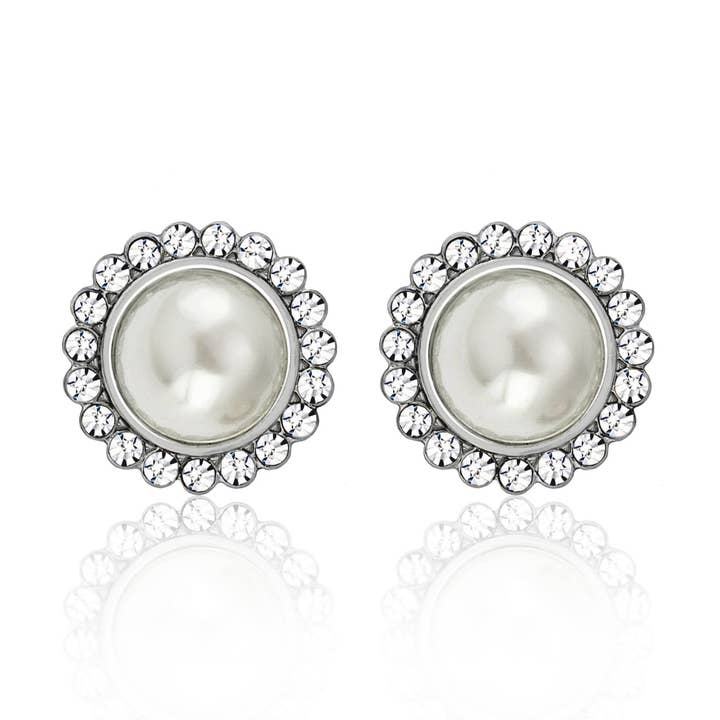 Elegant Pearl Stud Earrings with Crystal Halo Frame, Classic Wedding Bridal Earrings for wholesale by LookLove Jewelry