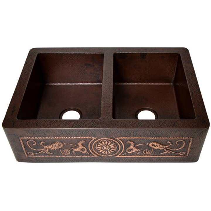 Évier de ferme double cuve 50/50 design floral tablier droit de 33 pouces pour la vente par Ambiente Home Décor