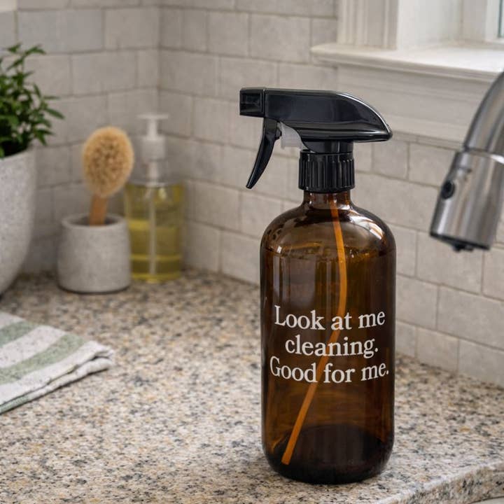 Look at Me Cleaning Amber Glass Soap Dispenser w Spray Pump for wholesale by Buffalovely