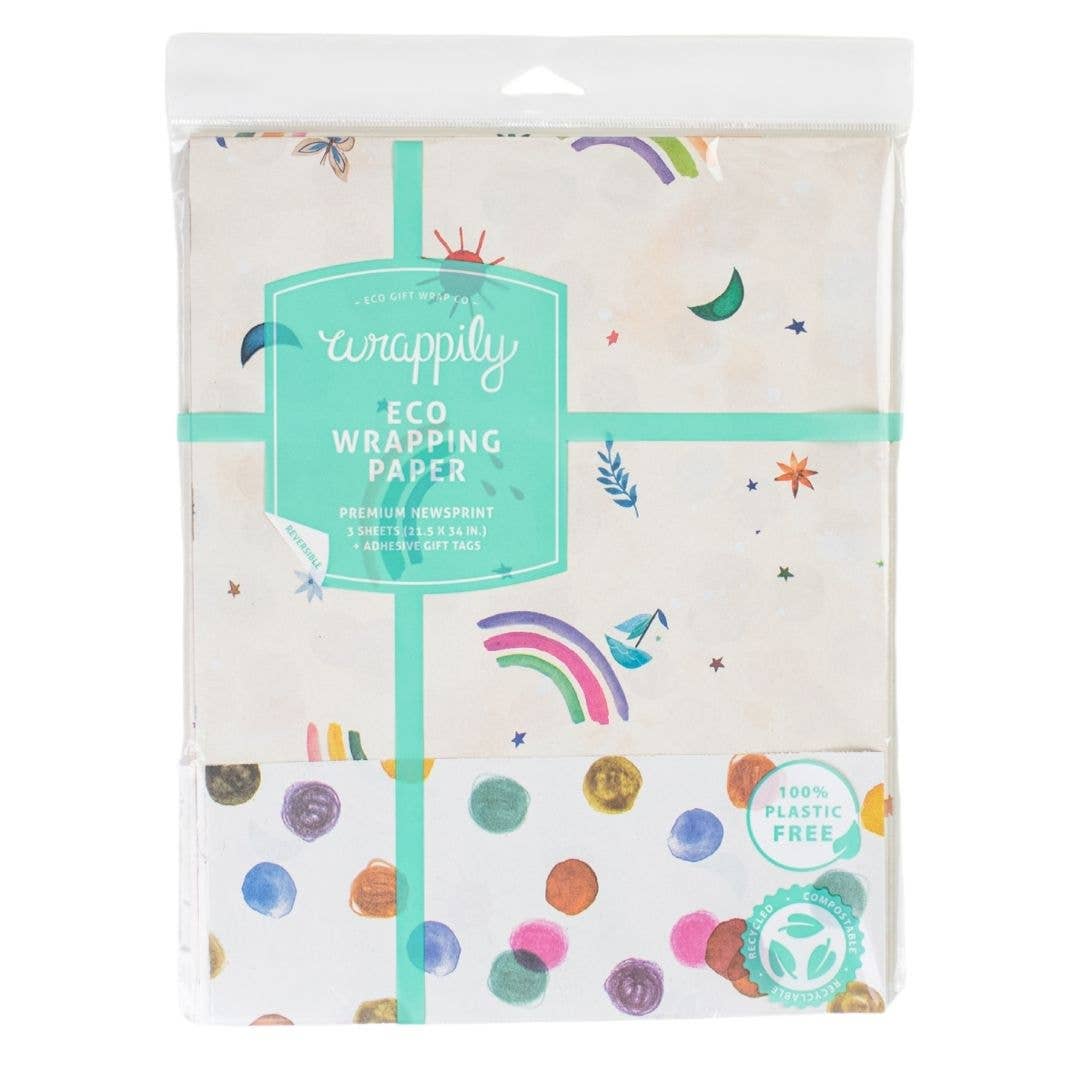 Wrappily Eco Gift Wrap Co. - Wholesale Flat Wrap - Rainbow Sails/ Dots • Double-Sided Eco Wrap for Kids & Baby1