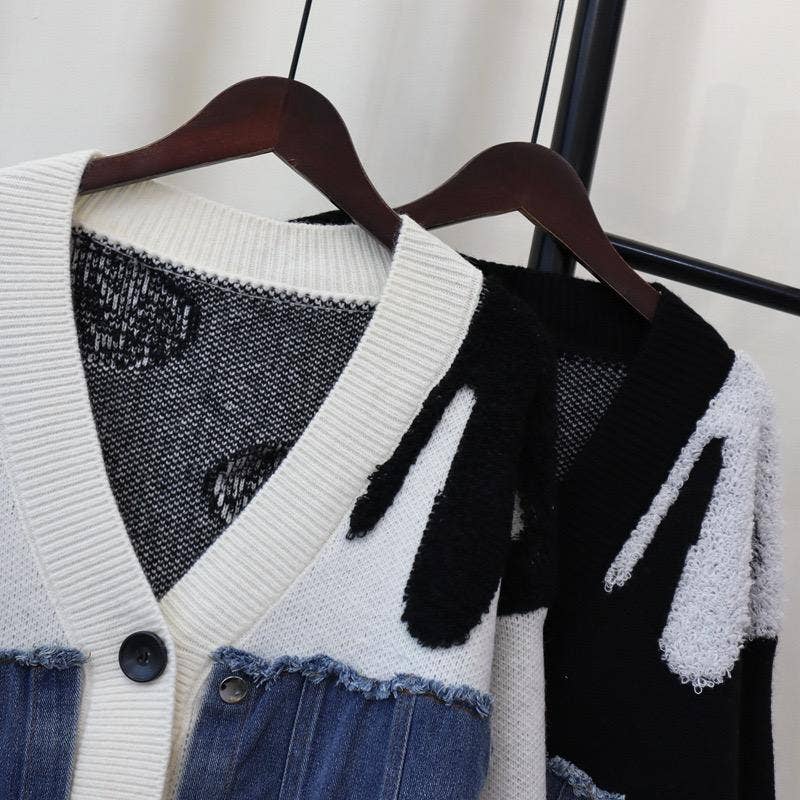 Productseeker - Wholesale Knit Top - Women's - JK104 Patchwork Denim Knitted Cardigan Sweater Jacket5
