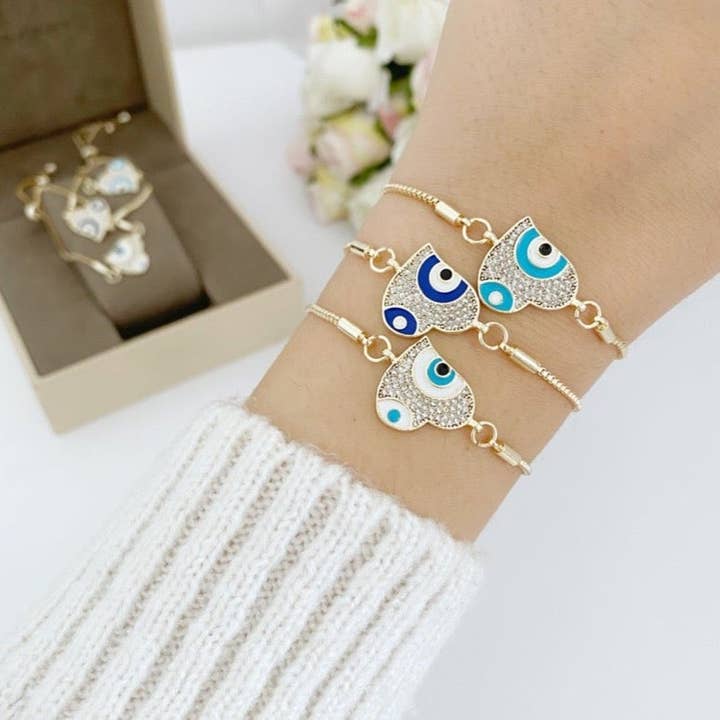 Love Bracelet with Zircon Heart & Evil Eye Charm for wholesale by Evileyefavor