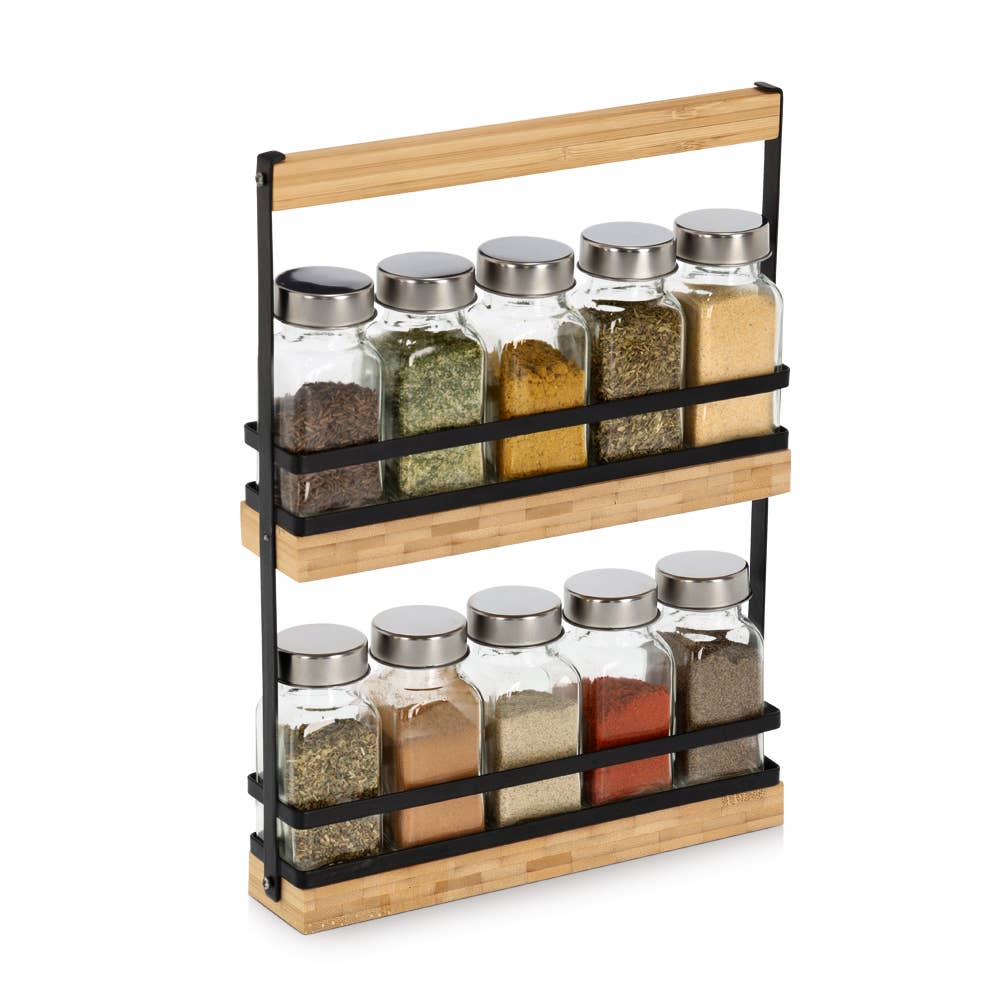Light Brown Transparent Black Spice rack set, 11-piece, glass/metal/bamboo for wholesale on Faire5