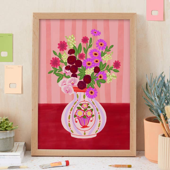 Natalie Lea Owen – Handmade Jewellery & Greeting Cards - Wholesale Art Print - Flowers in Vintage Vase Print | Bright, Cute Wall Decor4