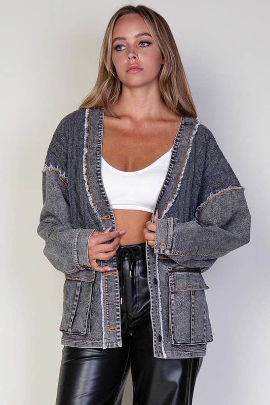 Grey Wash Cable Knitted Sweater & Denim Jean Cardigan Jacket for wholesale on Faire7