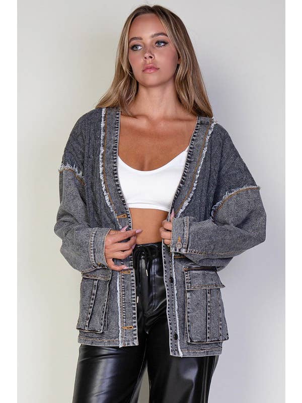 Grey Wash Cable Knitted Sweater & Denim Jean Cardigan Jacket for wholesale on Faire7