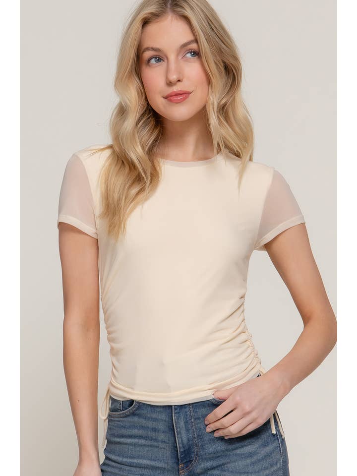 Active Basic | Active USA - Wholesale Knit Top - Women's - Short Sleeve Round Neck Side Ruched with Shirring Mesh Top