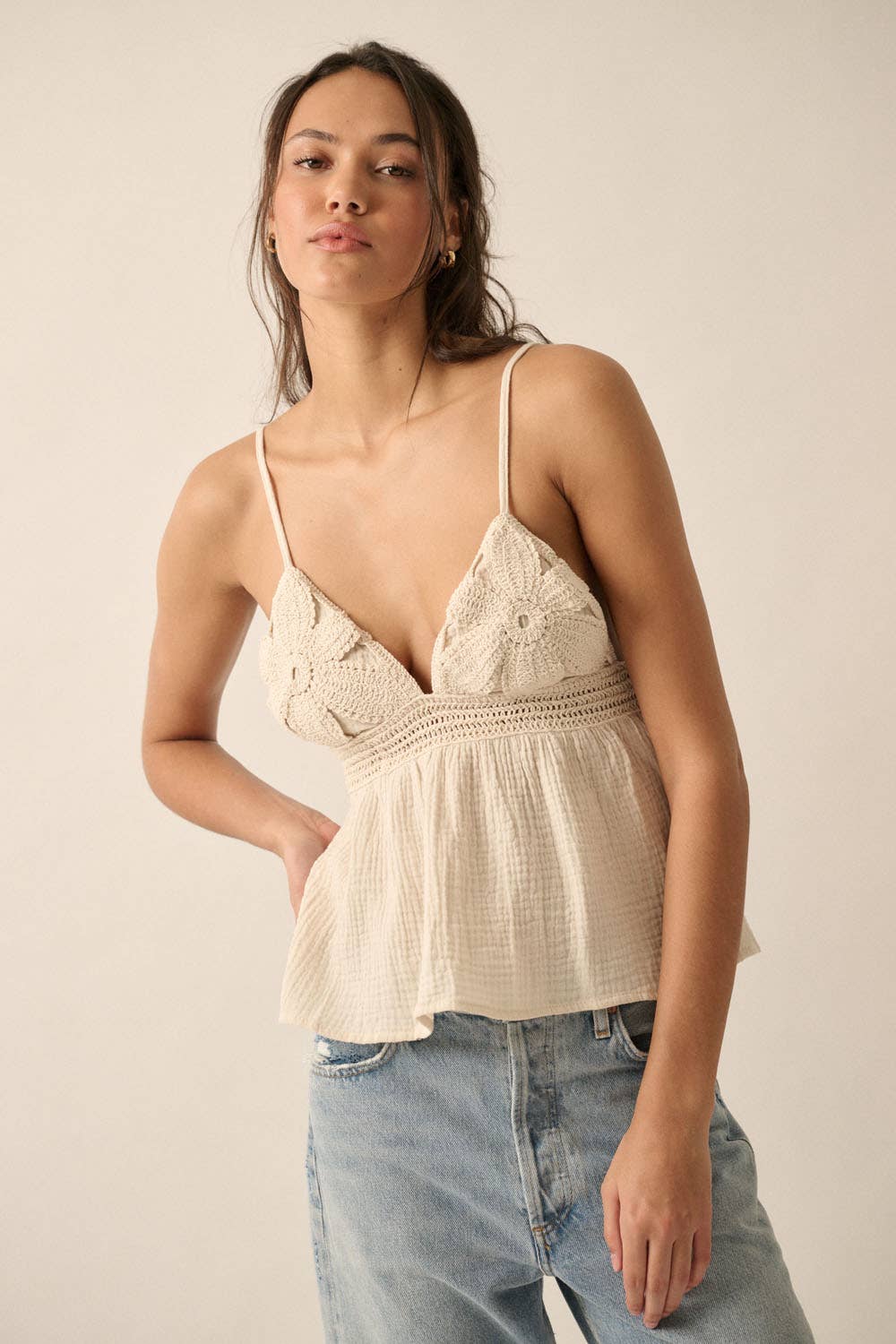 Promesa USA - Vendita all'ingrosso Canotta - Donna - Canotta per babydoll in cotone increspato con motivo floreale all'uncinetto12