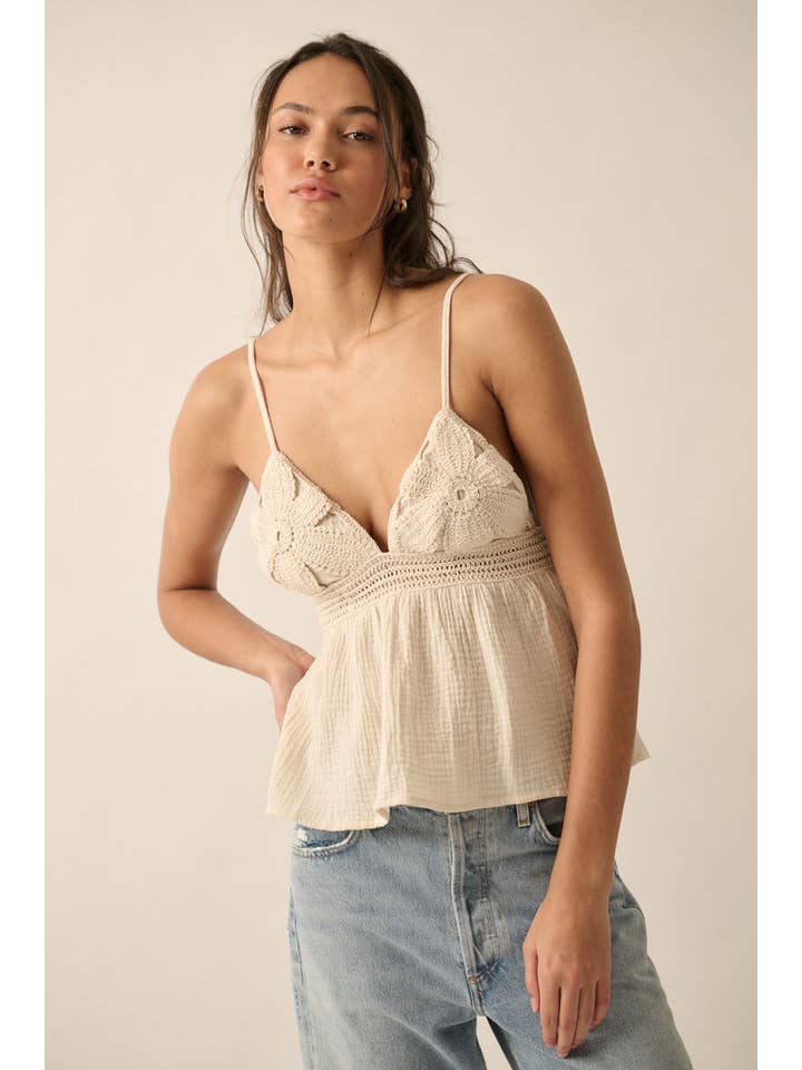 Promesa USA - Wholesale Camisole - Women's - Crinkle Cotton Floral Crochet Babydoll Cami Top12