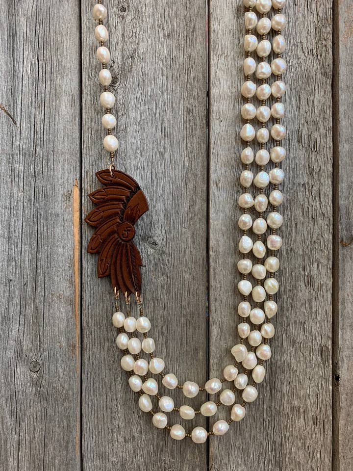 14026 3std Freshwater Pearls w/Leather Headdress Side Pendan for wholesale by J.Forks Designs