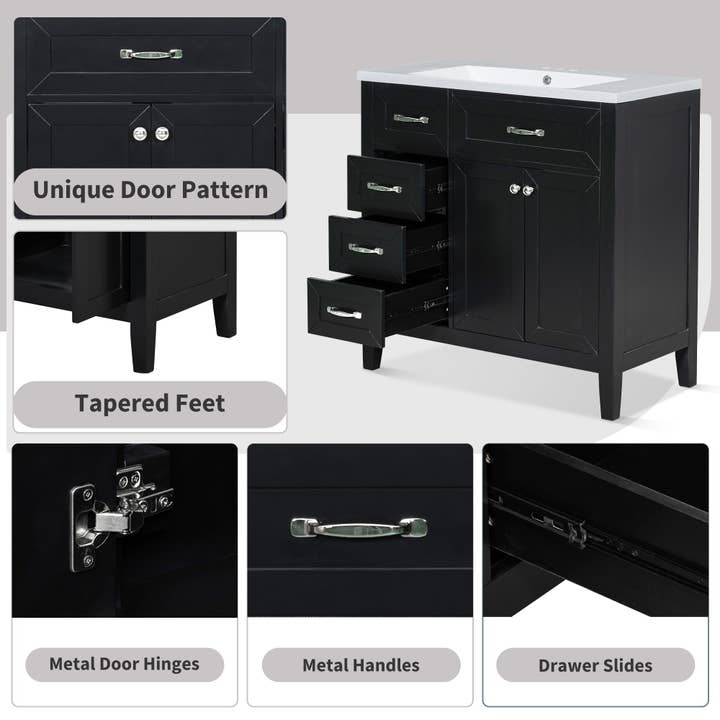 Orange County Decor - Wholesale Cabinet - 36" Bathroom Vanity Without Sink, Cabinet Base Only, Bathroom Cabinet With Drawers, Solid Frame And Mdf Board, Black Black Solid Wood Mdf