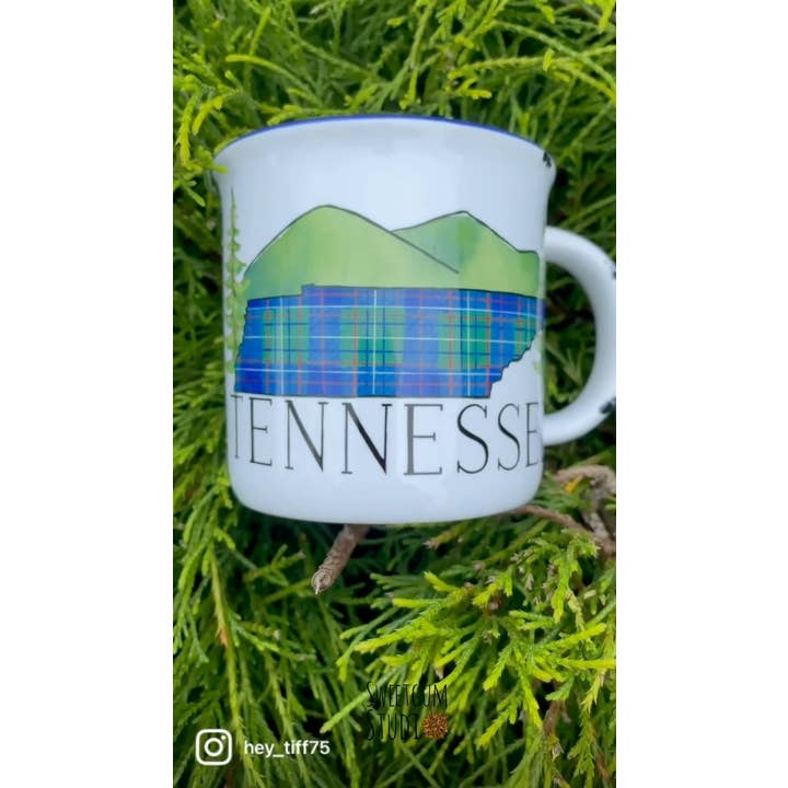 Sweetgum Studio - Wholesale Coffee Mug - Stoneware Distressed Mug with Blue Trim 14 oz.14