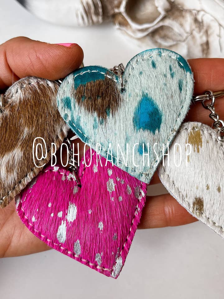 Western Heart Cowhide Hairon Keychain for wholesale by Boho Ranch Shop